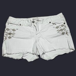 White Embroidered Frayed Hem Jean Shorts - Women's